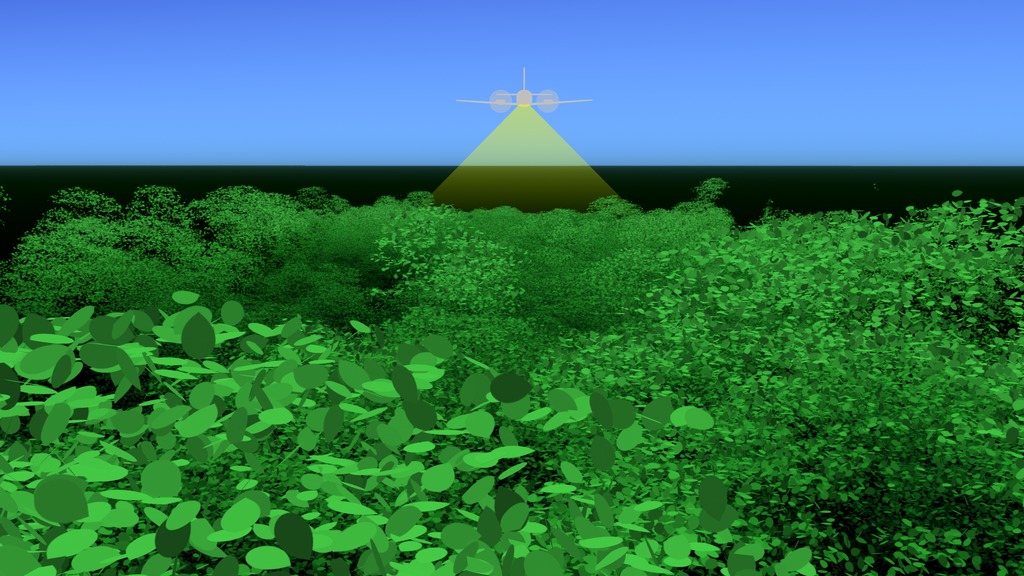 This animation shows an airplane collecting treetop data over a Brazilian rainforest. As the airplane continues to collect data, the viewer flies down to the rainforest canopy and flies through the virtual leaves, eventually emerging to see the airplane off in the distance still collecting new data. It should be noted that for the purposes of this animation, we chose to use leaf-like objects to represent each lidar data point in 3D space. However, lidar data does not specifically show individual leaves, but simply point heights reflected by the leaf canopy. However, the resolution of the lidar data is so good that it potentially can pick up leaves and other structures such as tree branches, and sometimes even flying birds, but has no easy way to differentiate between them. Therefore, since the location of this particular data was known to be a rainforest, and the majority of the data points would represent leaves, we chose leaf-like structures for this particular case.