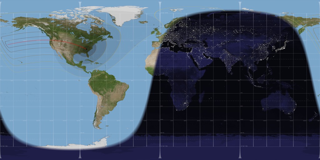 A map-like view of the Earth during the total solar eclipse of August 21, 2017, showing the umbra (black oval), penumbra (concentric shaded ovals), and the path of totality (red). This equirectangular projection is suitable for spherical displays and for spherical mapping in 3D animation software.