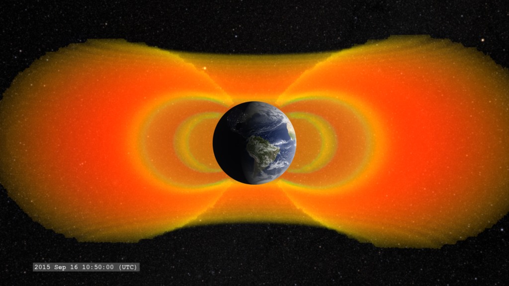 This visualization opens with a full view of the radiation belt of trapped electrons circling Earth.  We open a slice of the belts, to display a cross-section for clarity and move the camera to a more equatorial view.  Earth rotation and solar motion have been turned off for this visualization to reduce distracting additional motions.