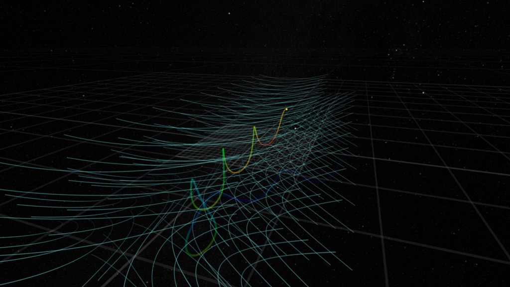 This visualization shows an oblique view of the reconnection region. Magnetic field direction is represented by the cyan lines. The color trail represents an electron moving in the field. Color of the particle trail represents a dimensionless speed of the particle, with blue for slow and red for fast.