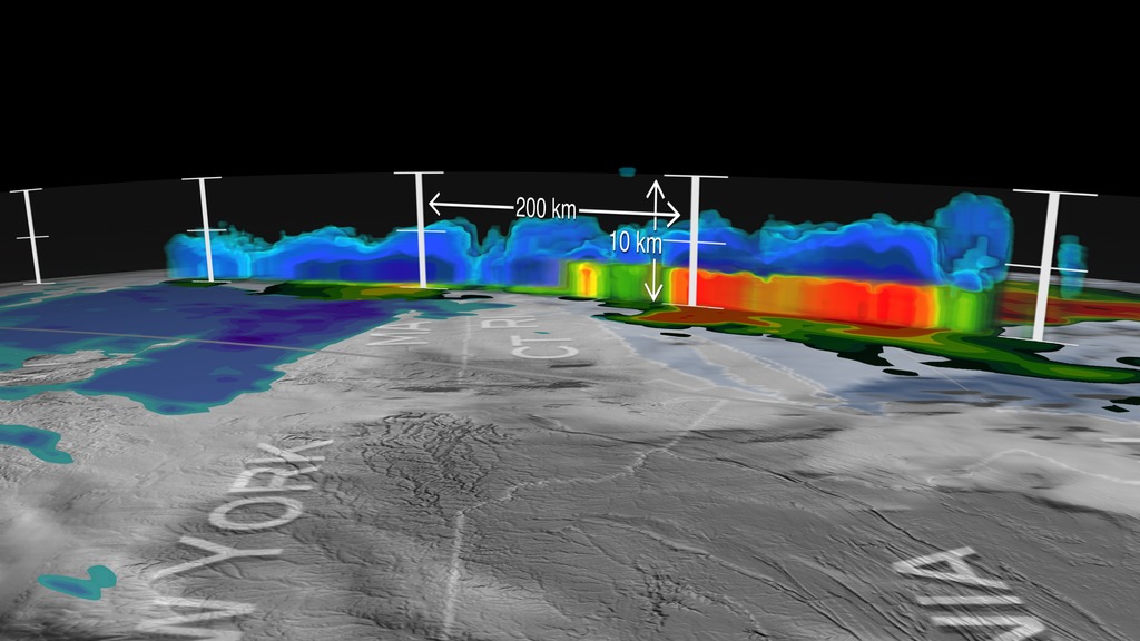 This visualization starts over the United States as the viewer watches a weather event form over the east coast. We then freeze on April 1, 2017 as GPM flies overhead collecting data over this weather system. Zooming down to the Northeast, GPM's DPR (3D volumetric precipitation data) is slowly cut away to reveal the inner precipitation structure of the snow storm. Looking closely, one can see a thin band of liquid precipitation that formed in the northern section of the storm eventually tapering into frozen precipitation in the far north. The visualization wraps with the camera pulling back to a bird's eye view of the snow storm.