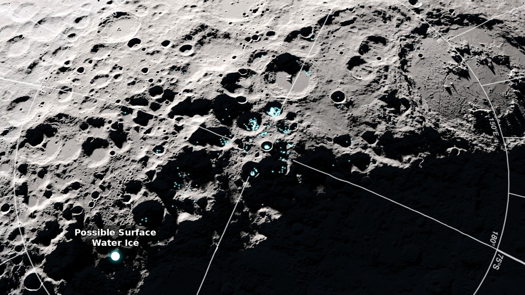 A view of the south pole of the Moon showing where reflectance and temperature data indicate the possible presence of surface water ice. This is the source visualization, without titles or sound.