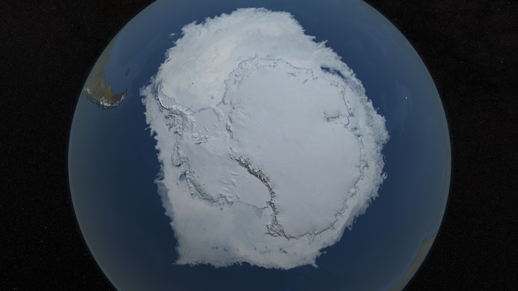 This is an image of the Antarctic sea ice on August 28, 2016, the date on which the sea ice reached its maximum annual extent. The opacity of the sea ice is determined by the AMSR2 sea ice concentration. The blueish white color of the sea ice is a false color derived from the AMSR2 89 GHz brightness temperature. Over the Antarctic continent, the Landsat Image Mosaic of Antarctica data shown here has a resolution of 240 meters per pixel.