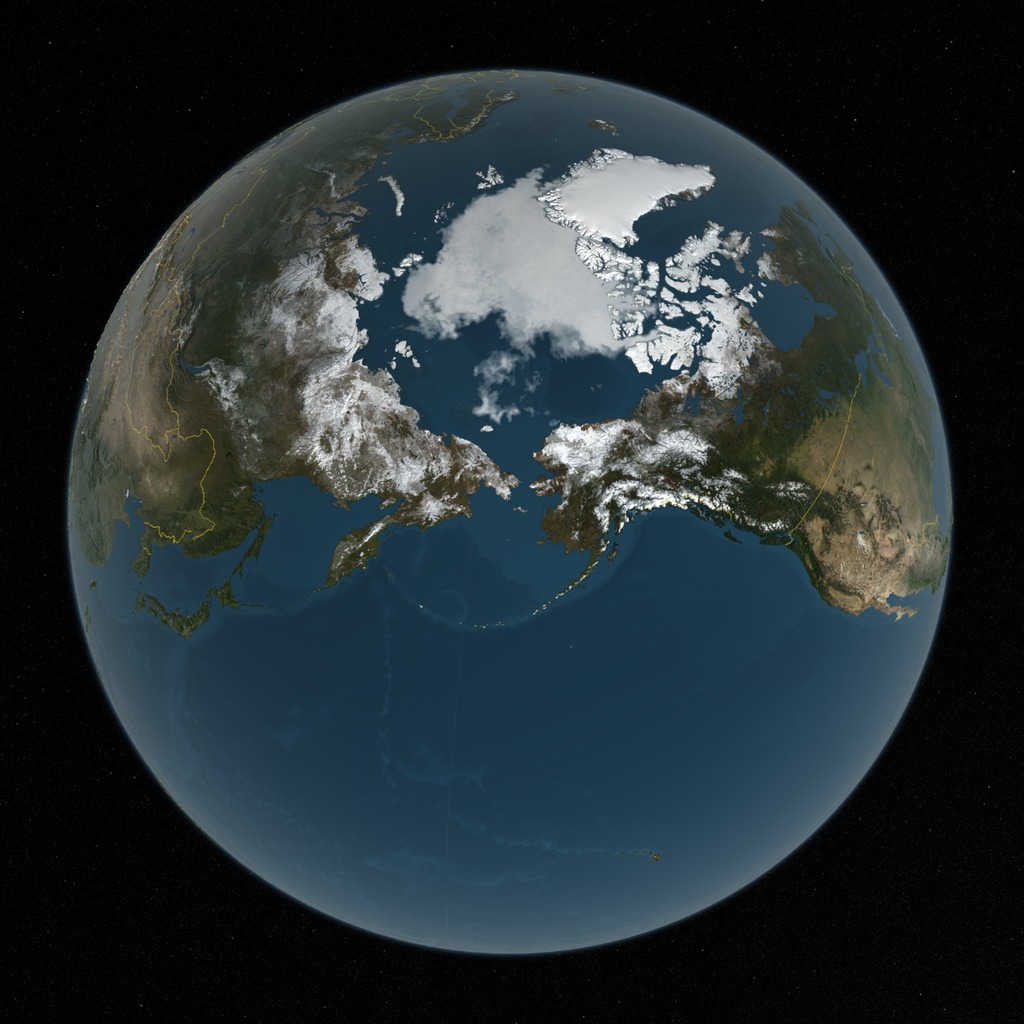This image shows the Arctic sea ice on September 10, 2016 when the ice reached its minimum extent. The opacity of the sea ice is derived from the sea ice concentration where it is greater than 15%. The blueish white color of the sea ice is derived the AMSR2 89 GHz brightness temperature.The Japan Aerospace Exploration Agency (JAXA) provides many water-related products derived from data acquired by the Advanced Microwave Scanning Radiometer 2 (AMSR2) instrument aboard the Global Change Observation Mission 1st-Water "SHIZUKU" (GCOM-W1) satellite. Two JAXA datasets used in this animation are the 10-km daily sea ice concentration and the 10 km daily 89 GHz Brightness Temperature.