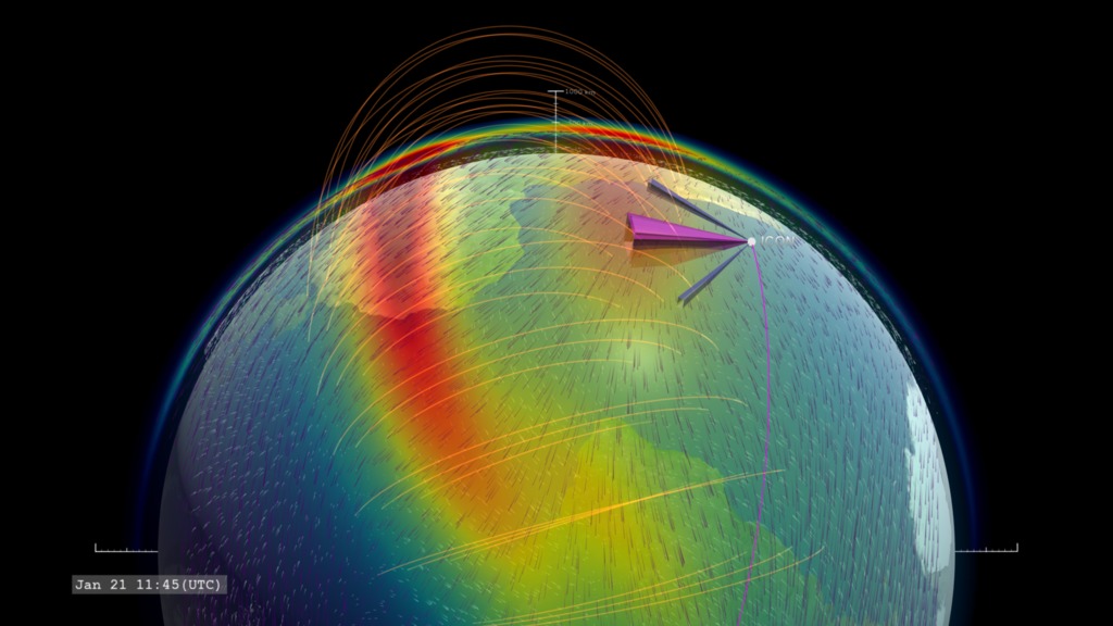 ICON orbits Earth at 575 kilometers altitude, measuring the composition and motions of the ionosphere.