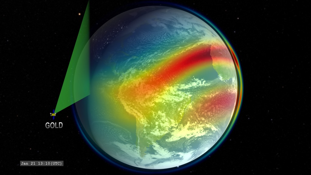 Visualization of GOLD orbiting Earth with image scanning. This version presents the singly-ionized oxygen density from the IRI model.