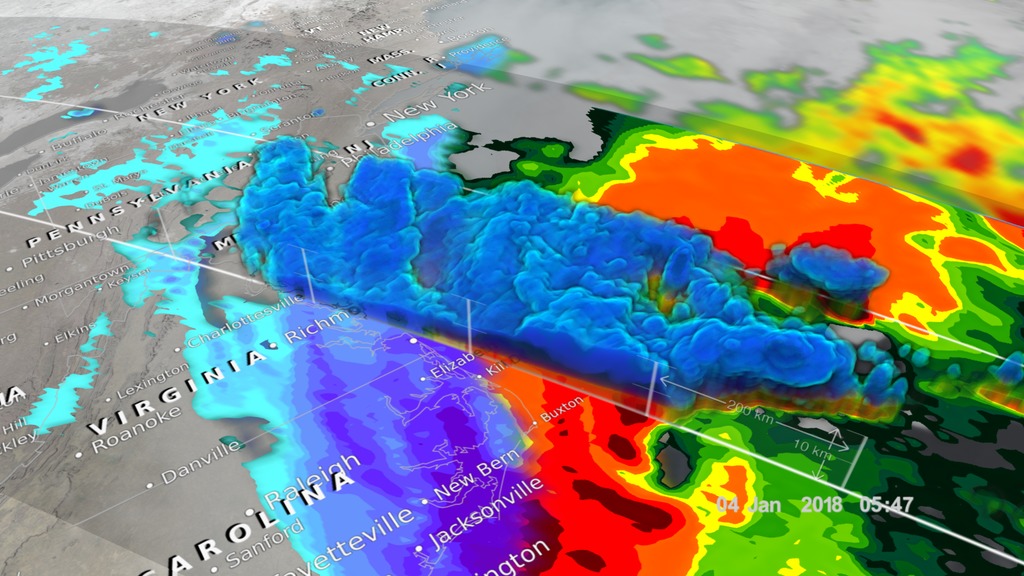 This data visualization shows the rapid intensification of the snow cyclone over the east coast beginning on January 3rd, 2018. As the snow cyclone moves up the coast, the data visualization freezes on January 4th to show GPM taking it's measurement of the storm at approximately 5:47Z. The camera then moves down closer to the storm as we slice away the volumetric data to get a sense of what the storm structure looks internally, focusing on the transition from rain to snow.