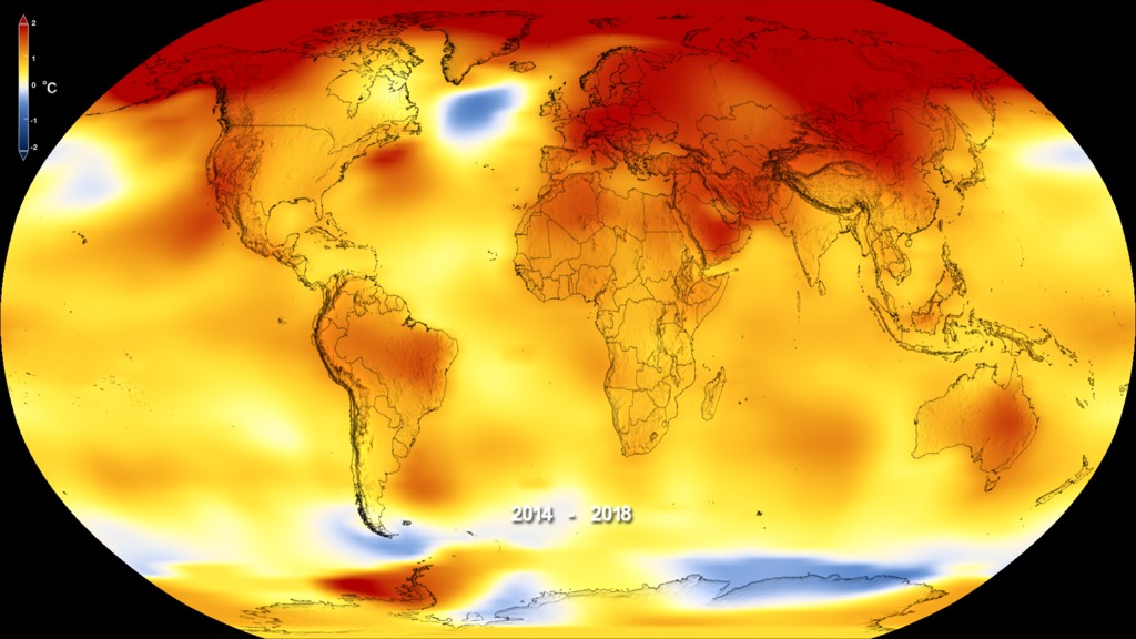 This color-coded map in Robinson projection displays a progression of changing global surface temperature anomalies from 1880 through 2018. Higher than normal temperatures are shown in red and lower then normal termperatures are shown in blue. The final frame represents the global temperatures 5-year averaged from 2014 through 2018. Scale in degree Celsius.