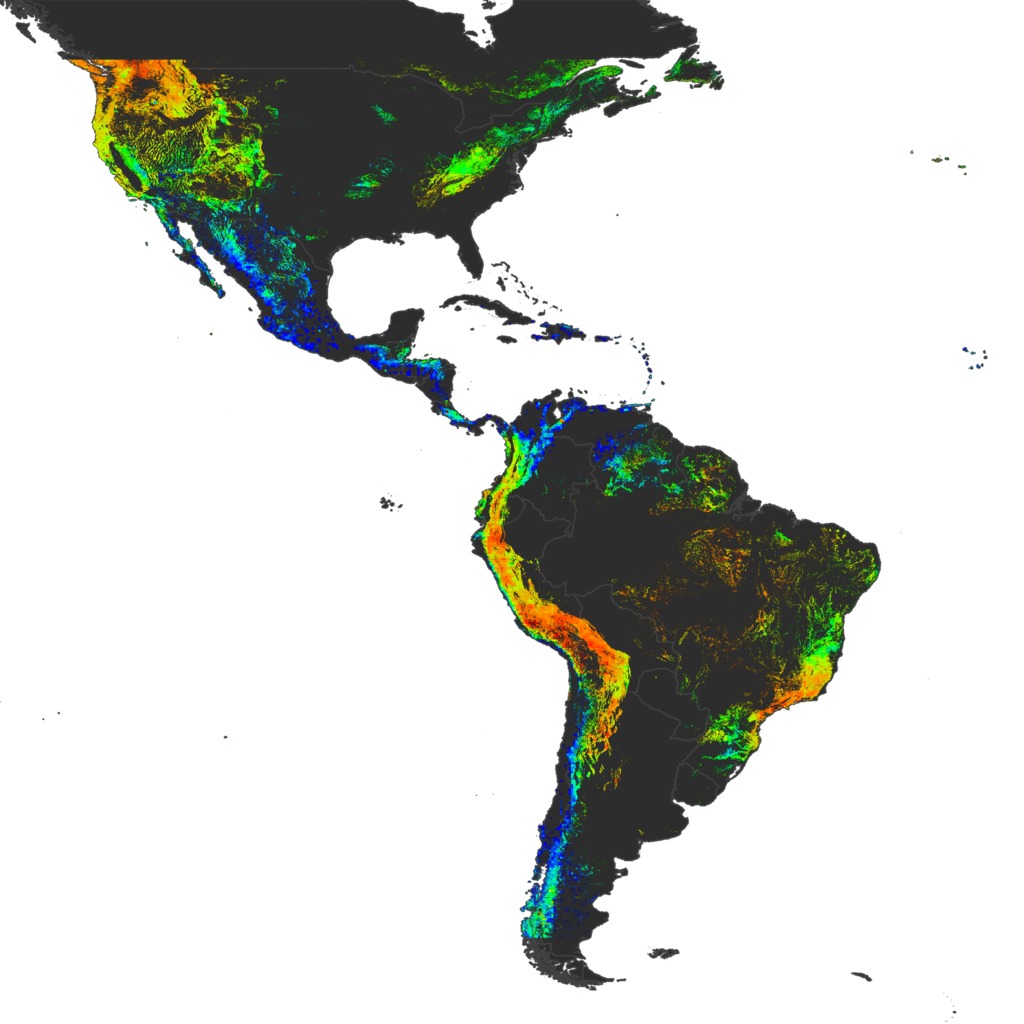 A view of the potential landslide activity during January in the Americas, as evaluated by NASA's Landslide Hazard Assessment model for Situational Awareness (LHASA). This still image is provided in 300dpi (print resolution) and in separate layers (water, data, land, outlines).