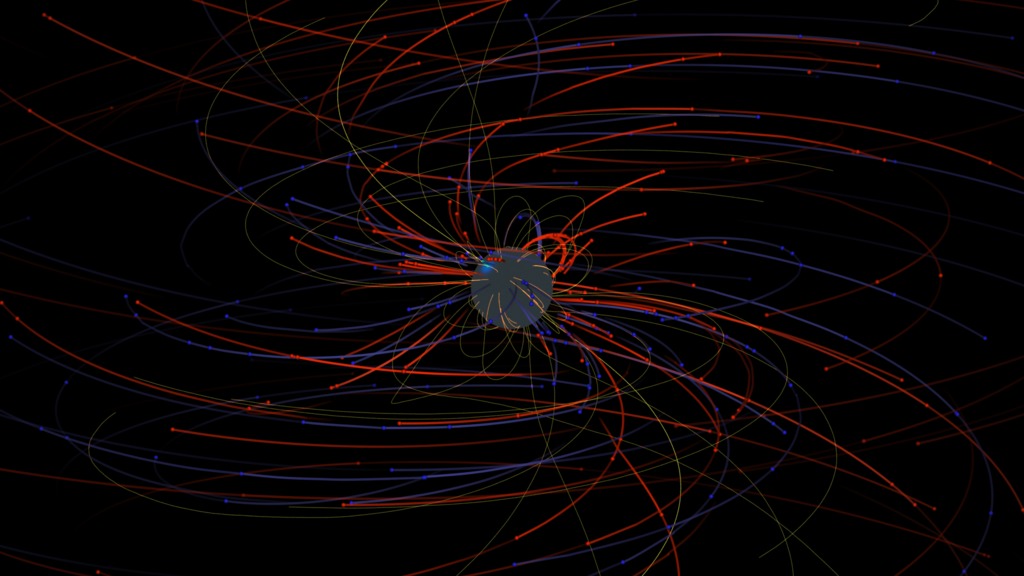 This movie presents a basic tour around the simulation magnetic field including motion of the bulk particles, held fixed by co-rotating with the pulsar. This version is generated with no background objects and an alpha channel for custom compositing.