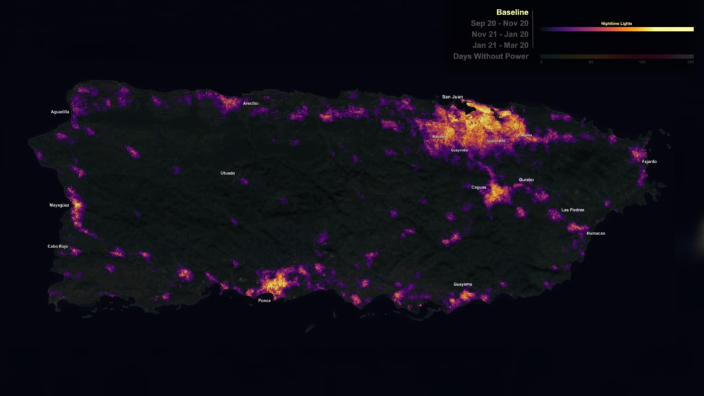 This visualization starts with a global view of hurricane Maria hitting Puerto Rico.  We then zoom in to Puerto Rico to compare the standard night lights dataset to a new, high definition version of nights lights.  After the hurricane passes over the island, we see a massive drop in night light intensity due to loss of power. After showing night light levels over several stages of hurricane recovery, we transition to a 'Days Without Power' dataset.  The camera then zooms in to several locations around the island to examine each stage of recovery in more detail. 