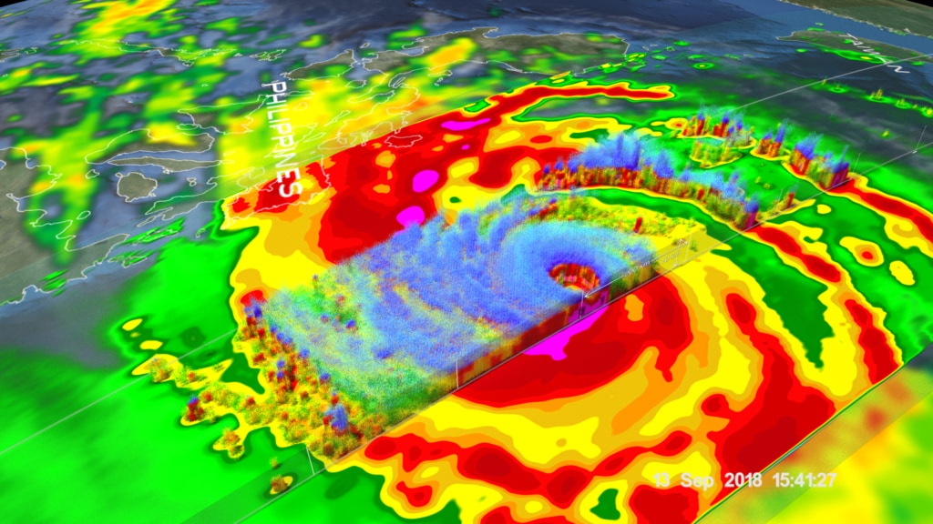 GPM passed over Typhoon Mangkhut on September 13, 2018 at 15:21 UTC. As the camera moves in on the storm, DPR's volumetric view of the storm is revealed. A slicing plane moves across the volume to display precipitation rates throughout the storm. Shades of green to red represent liquid precipitation. Frozen precipitation is shown in cyan and purple.This video is also available on our YouTube channel.