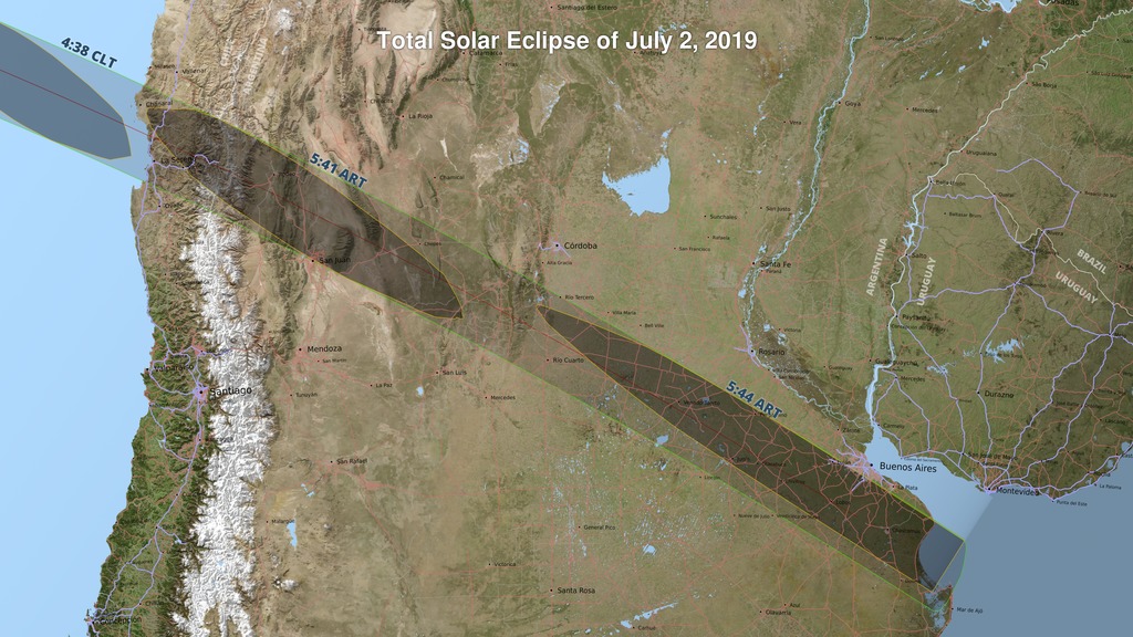 A map of Chile and Argentina showing the path of totality for the July 2, 2019 total solar eclipse.