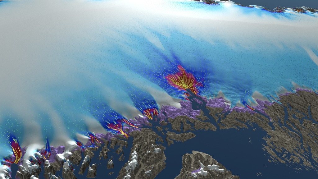 Preview Image for Jakobshavn Regional View of Three Simulated Greenland Ice Sheet Response Scenarios: 2008 - 2300