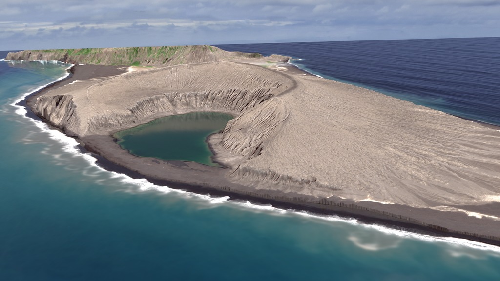 This image shows a 3D representation of the island informally known as Hunga Tonga Hunga Ha'apa on March 20,2018 as created from Digital Globe satellite imagery.