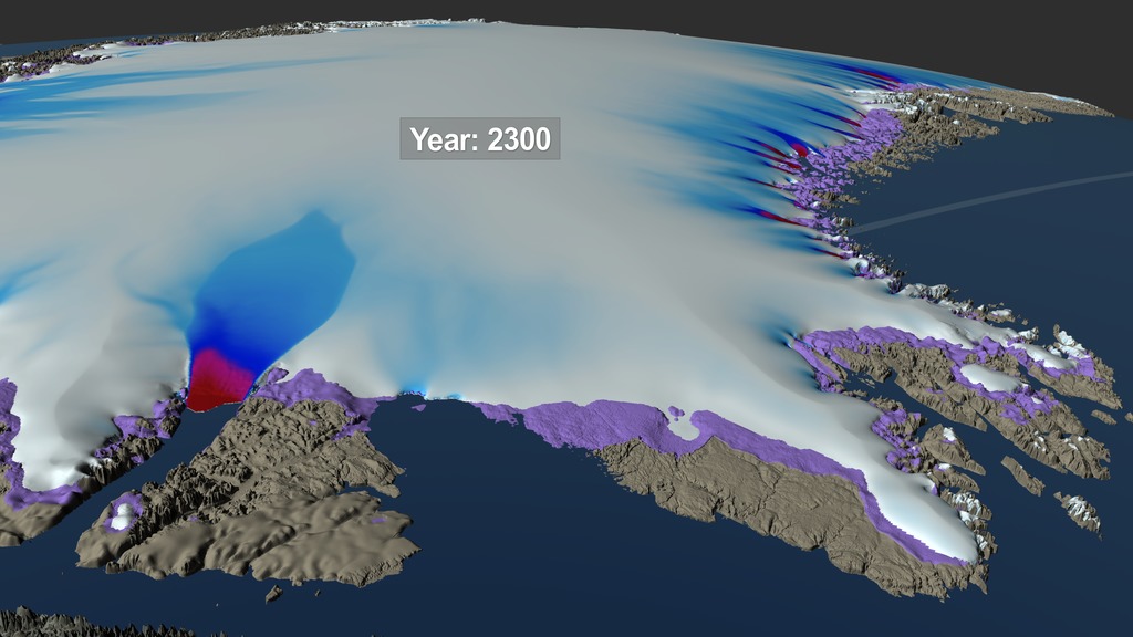 Preview Image for Northwest Regional View of Three Simulated Greenland Ice Sheet Response Scenarios: 2008 - 2300