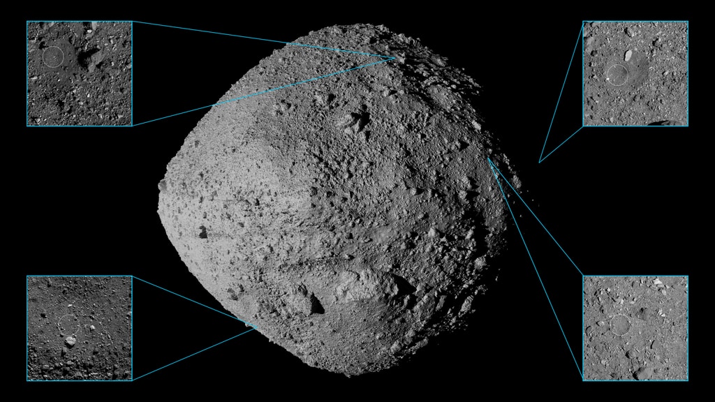 UNLABELED VERSIONThe visualization begins with a rotating 3D model representation of the asteroid Bennu, created using data from the OSIRIS-REx Laser Altimeter (OLA) instrument.  Four candidate sample sites are highlighted with PolyCam images. 