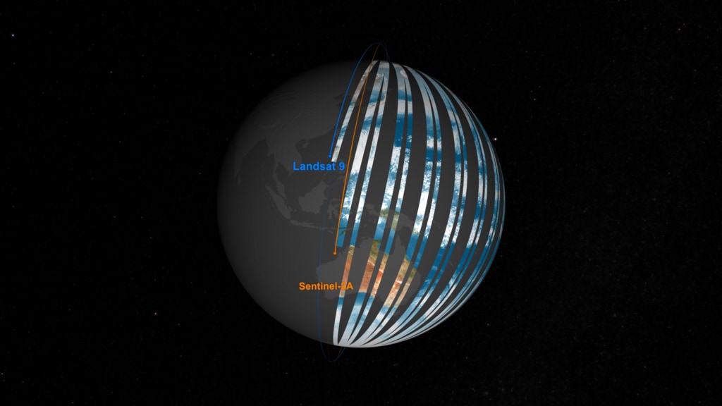 This visualization depicts the orbits and data swaths of the Landsat 8, Landsat 9, Sentinel 2a, and Sentinel 2b satellites.  The satellites appear one at a time with their respective data swaths. As time progresses throughout the visualization, the satellites ‘paint’ the globe with imagery to show how the four spacecraft work together to build a complete picture of the Earth.       