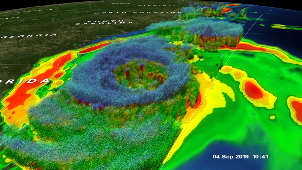 Snapshot view of 3D precipitation from DPR and surface rain rates (mm/hr) from GMI at 10:41 UTC (6:41 am EDT) 4 September 2019 when the center of Dorian was near the coast of central Florida about 90 miles due east of Daytona Beach.This video is also available on our YouTube channel.