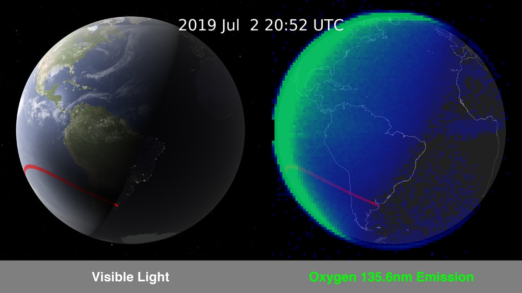 Comparative visualizations of Earth in visible light and the ultraviolet emission of oxygen recombining from ions.  The Appleton anomaly is faintly visible above and below the equator on the nightside of the Earth.  This version presents the path of the solar eclipse but variations are available in the popup menu to the right.