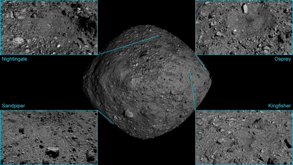 Global view of asteroid Bennu with insets of the four candidate sample collection sites. This animation is available in Hyperwall resolution (5760x3240).This video is also available on our YouTube channel.