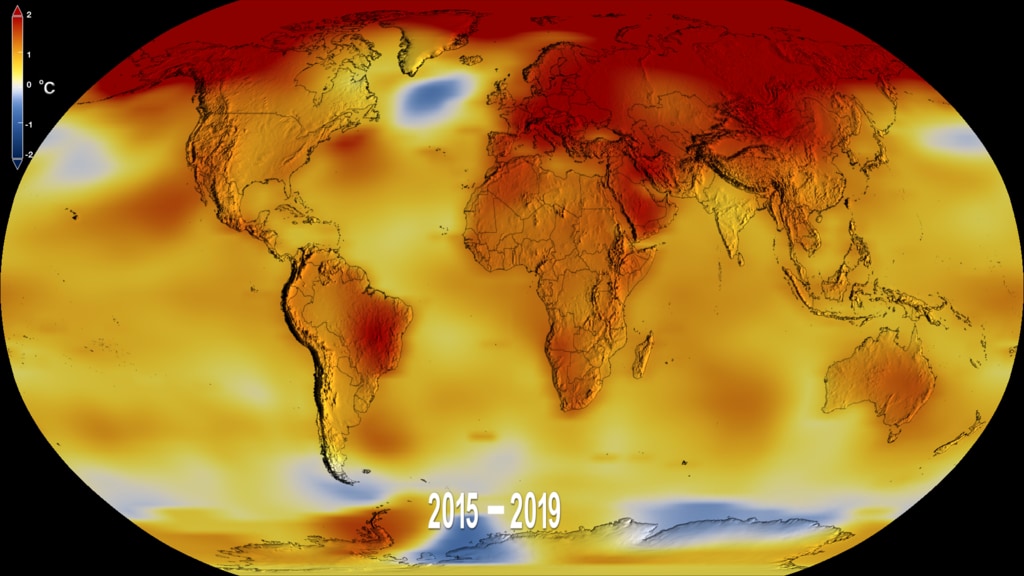 This color-coded map in Robinson projection displays a progression of changing global surface temperature anomalies.  Normal temperatures are the average over the 30 year baseline period 1951-1980. Higher than normal temperatures are shown in red and lower than normal temperatures are shown in blue.  The final frame represents the 5 year global temperature anomalies from 2015-2019.  Scale  in degrees Celsius.