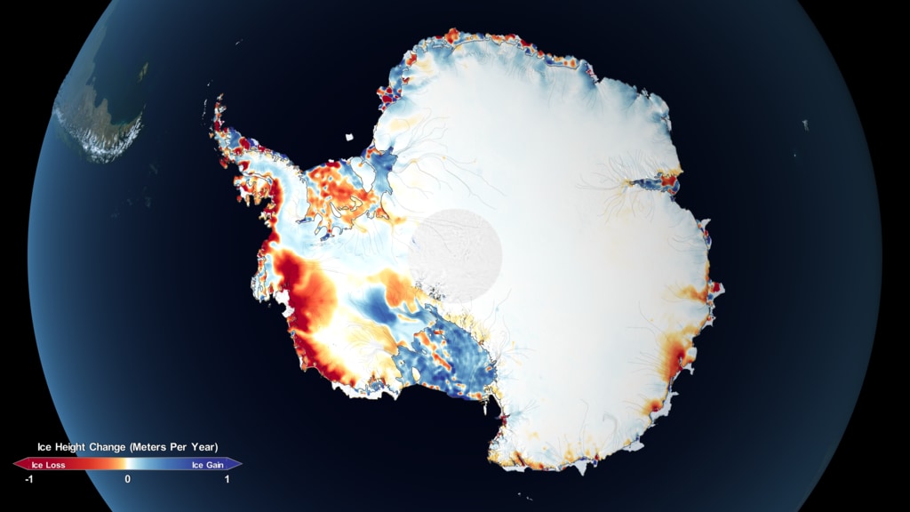This visualization depicts changes in Antarctic land ice thickness as measured by the ICESat (2003-2009) and ICESat-2 (2018-) satellites. The camera zooms into a region near the Kamb ice stream to compare ICESat and ICESat-2 beam tracks.  The beam intersections are highlighted to explain how the data at these points are used to measure how land ice has changed over time.  After exploring a few regions in detail, the camera moves out to a global view and an ocean temperature dataset is revealed. 