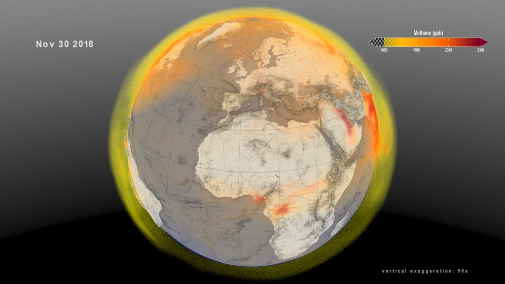 This 3D volumetric visualization shows a global view of the methane emission and transport between December 1, 2017 and November 30, 2018. This visualizaion of the rotating global view is designed to be played in a continuous loop.This video is also available on our YouTube channel.