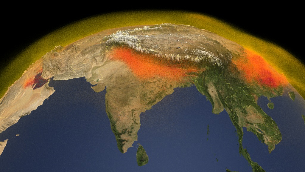 This layer of the visualization includes the Earth with the global atmospheric methane emission and transport. The overlay with the date and colorbar is not included.