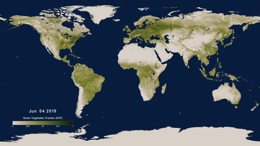 The visualization depicts Green Vegetation Fraction (GVF) based on data collected by the VIIRS instrument aboard the NOAA-20 satellite. 