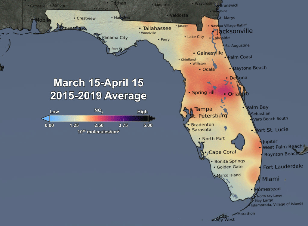 Animated Gif -tropospheric NO2 from March 15-April 15 time series in the state of Florida
