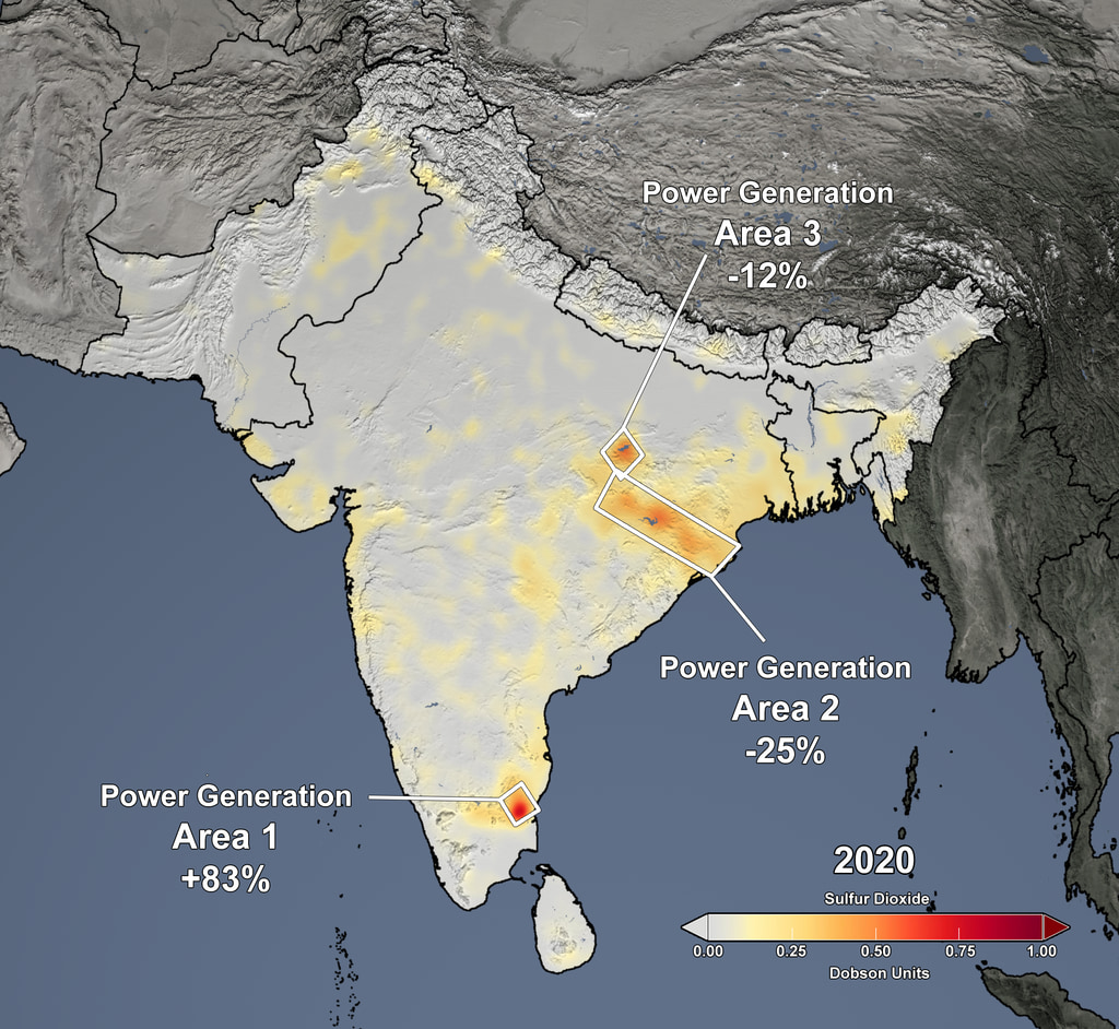 Tropospheric SO2 Column, March 25-April 25 2020 Average, Indian Subcontinent, With Labels.  On March 24, 2020, Prime Minister Modi ordered a nationwide stay-at-home order for India’s 1.3 billion citizens in an attempt to slow the spread of COVID-19. As a consequence, less fossil fuels are being consumed and, subsequently, there is less air pollution in India and in neighboring countries, including Pakistan, Nepal, Bangladesh, and Sri Lanka.