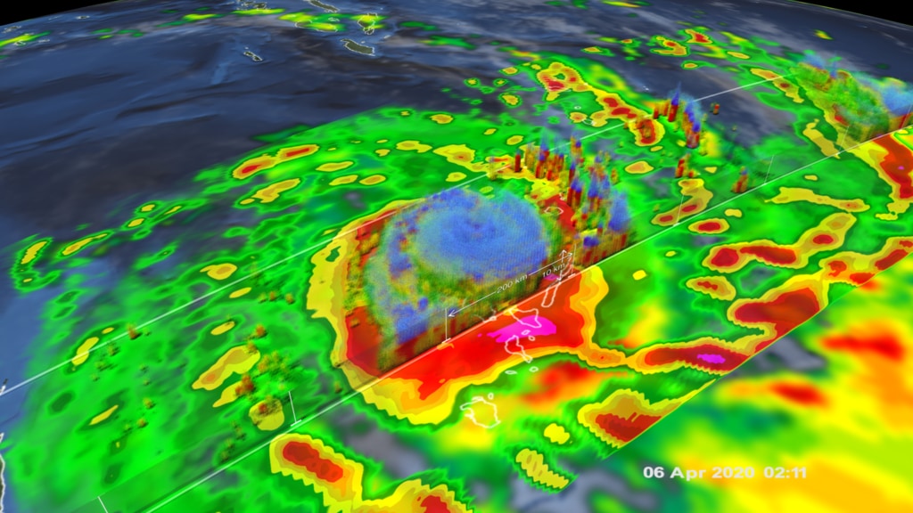 View of 3D precipitation from DPR and surface rain rates (mm/hr) from GMI of Cyclone Harold in the South Pacific on April 6 2020. The camera pushes in as a cutting plan reveals the inner precipitation rates of the storm. This video is also available on our YouTube channel.