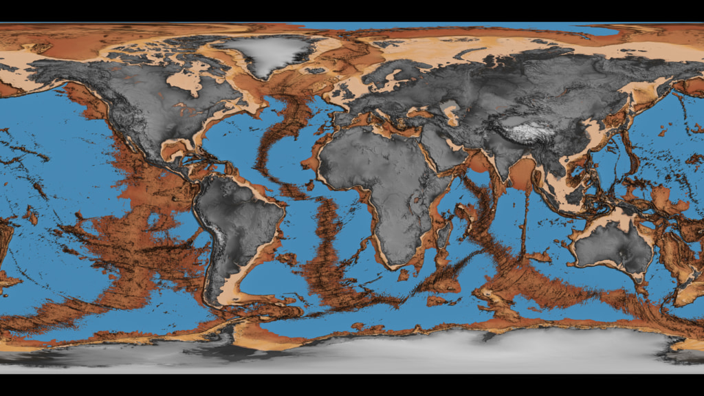 Data visualization of the draining of the Earth's oceans. The visualization simulates an incremental drop of 10 meters of the water’s level on Earth’s surface. As time progresses and the oceans drain, it becomes evident that underwater mountain ranges are bigger in size and trenches are deeper in comparison to those on dry land. While water drains quickly closer to continents, it drains slowly in our planet’s deepest trenches.
