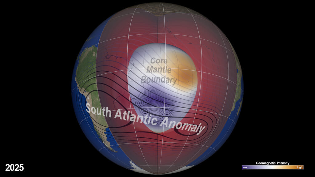 South Atlantic Anomaly from 2015 through 2025 showing the geomagnetic intensity at the Earth's surface and the core-mantle boundary.  There are versions that include the dates and colorbars and versions without the date and colorbat.This video is also available on our YouTube channel.