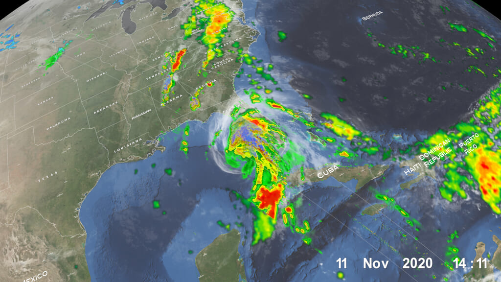 Tropical Storm Eta over the Florida west coast on November 11, 2020 at approximately 9:11 EST (14:11Z). 