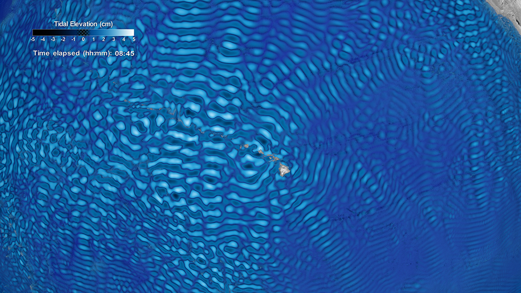 Data visualization featuring internal tides data from NASA Goddard's Space Flight Center simulation run. The visualization sequence starts with a view of the Americas and the Pacific Ocean and soon after exposes the undersea mountain range along the Hawaiian Ridge. Internal tides data appear on the water surface and the direction of the waves reveal the interplay between the steep bathymetry and the tidal energy generated in the region. Zooming out to a global view, we spot other areas around the globe where large tides are generated, such as Tahiti, Southwest Indian Ocean and Luzon Strait and observe the motions and patterns presented by data.