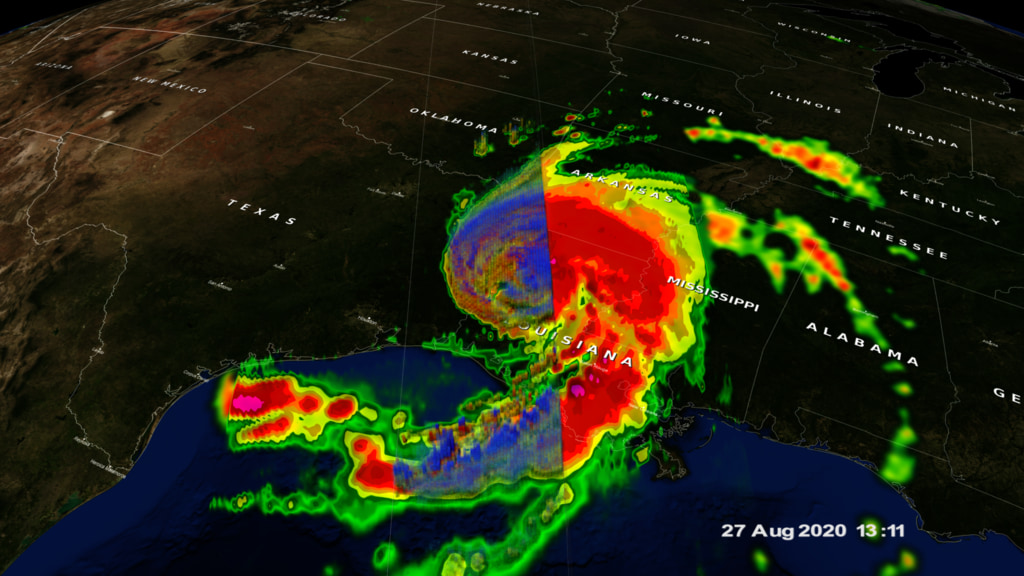 This visualization shows Hurricane Laura over the Gulf Coast states approximately 7 hours after making landfall on the morning of August 27, 2020.