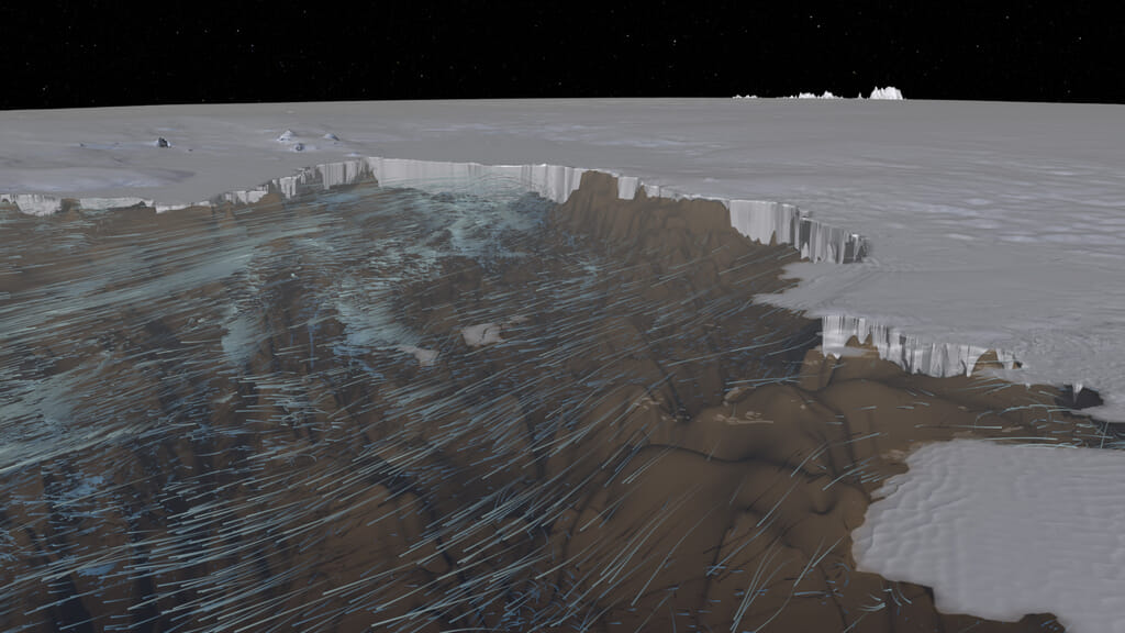 This visualization shows the ocean currents circulating  around the Pine Island Bay  and flowing under the Pine Island Glacier.