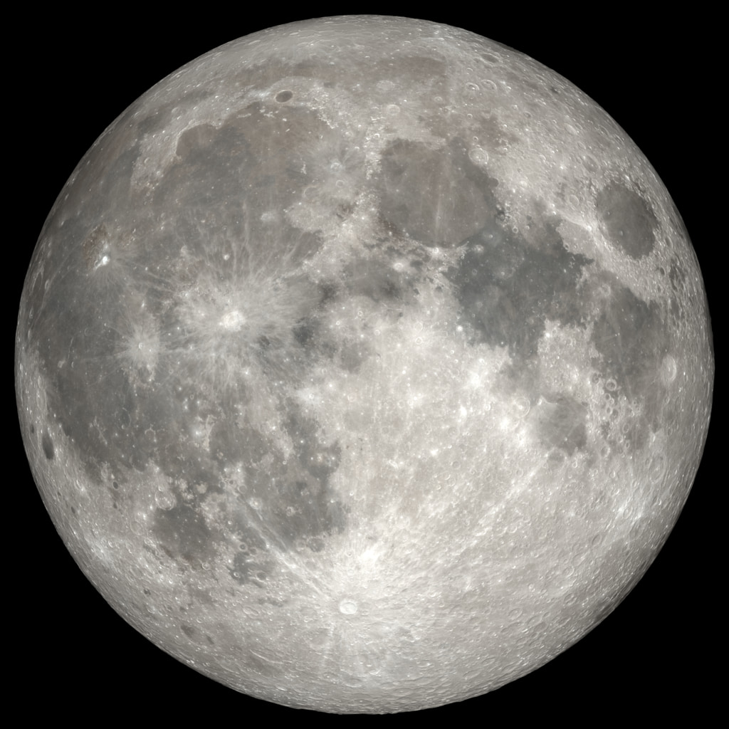 Full Moon. Rises at sunset, high in the sky around midnight. Visible all night.