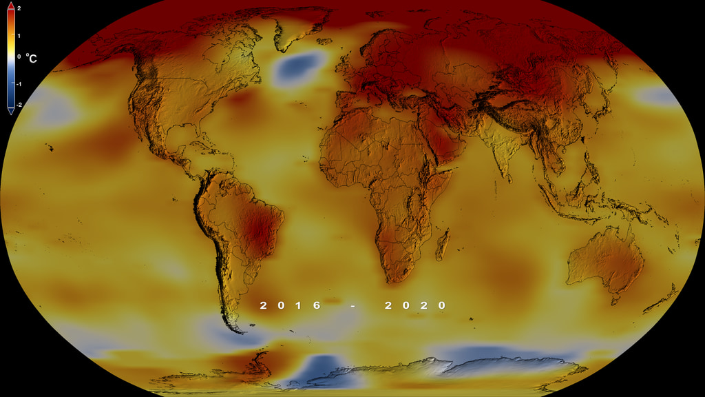 This color-coded map in Robinson projection displays a progression of changing global surface temperature anomalies. Normal temperatures are the average over the 30 year baseline period 1951-1980. Higher than normal temperatures are shown in red and lower than normal temperatures are shown in blue. The final frame represents the 5 year global temperature anomalies from 2016-2020. Scale in degrees Celsius.
