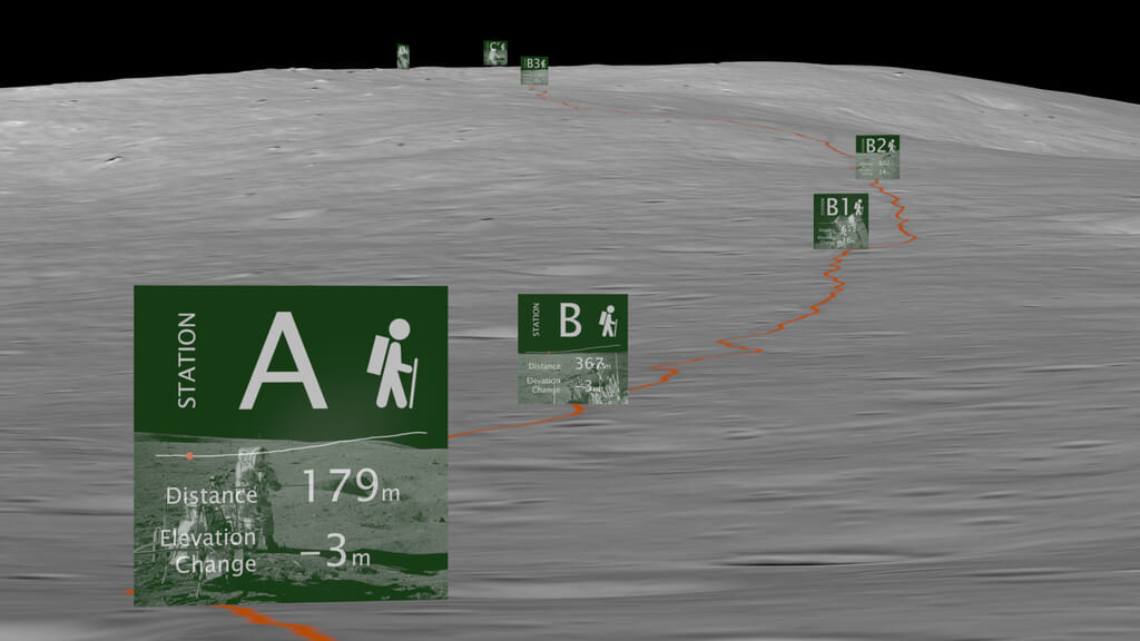 Visualization only: The camera flies along the path of the second EVA of Apollo 14, ending with a view of Cone crater.