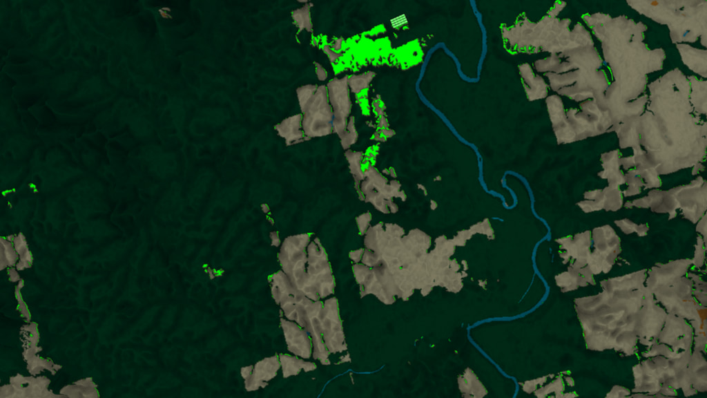 Animation begins with a stylized bright green soccer field. Soccer fields then fall into place over a recently deforested field showing the estimated size of the newly cleared field. The camera then pulls back to reveal all the recently deforested areas (shown in bright green) around Novo Progresso from 2017 to 2018.