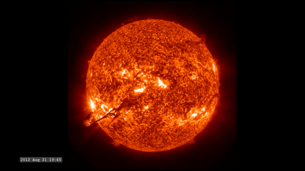Launch of the filament at low cadence (36 seconds) as visible in the 304 Angstrom filter on SDO/AIA.