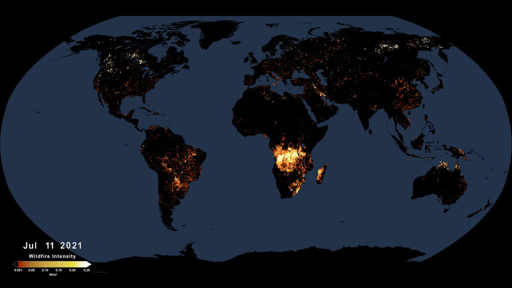 This animated visualization uses a moving three-day average of summed VIIRS measurments of fire radiative power (FRP), to present a view of fire intensities around the globe.