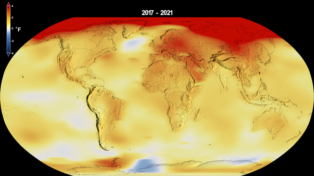 This color-coded map in Robinson projection displays a progression of changing global surface temperature anomalies. Normal temperatures are shown in white. Higher than normal temperatures are shown in red and lower than normal temperatures are shown in blue. Normal temperatures are calculated over the 30 year baseline period 1951-1980. The final frame represents the 5 year global temperature anomalies from 2017-2021. Scale in degrees Fahrenheit.