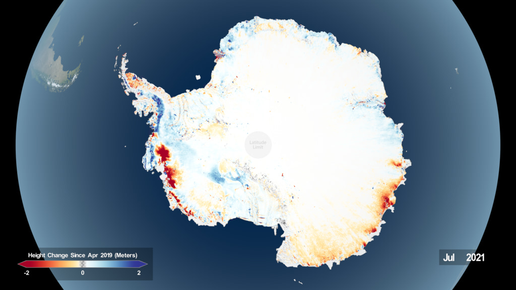 At the whole ice sheet scale, this visualization shows the continued draw down of the major outlet glaciers in West Antarctica and in parts of East Antarctica between April 2019 and July 2021. Some areas show hints of blue, indicating places where the ice sheet surface has gone up, reflecting either increased snowfall or changes in ice dynamics.