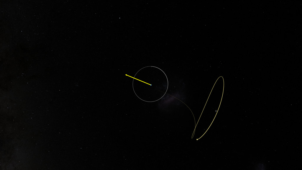 This visualization begins with a top-down view of the Earth-Sun system, with Lagrange points L3, L4, and L5 labeled.  A magnified view of Earth appears, showing L1 and L2.  The camera pushes into Earth as the James Webb Space Telescope is launched.  The camera pulls back to a top-down view as JWST arrives at L2.  A yellow arrow points to the Sun’s position. The camera shifts to an oblique view of the orbit before transiting to a view fixed on the Sun-Earth axis, showing how L2’s position is affected by the moon’s orbit around the Earth. 