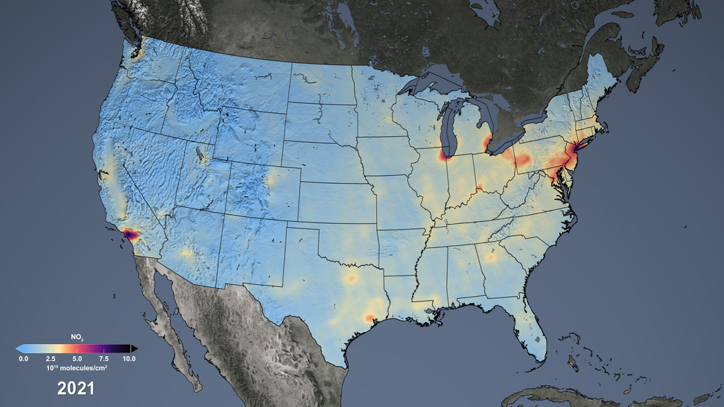 NO2 over the United States as measured by OMI, with labels