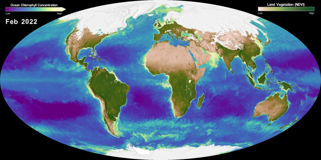Example composite of 5 years of Mollweide projected data of Earth's biosphere beginning March 2017 through February 2022.